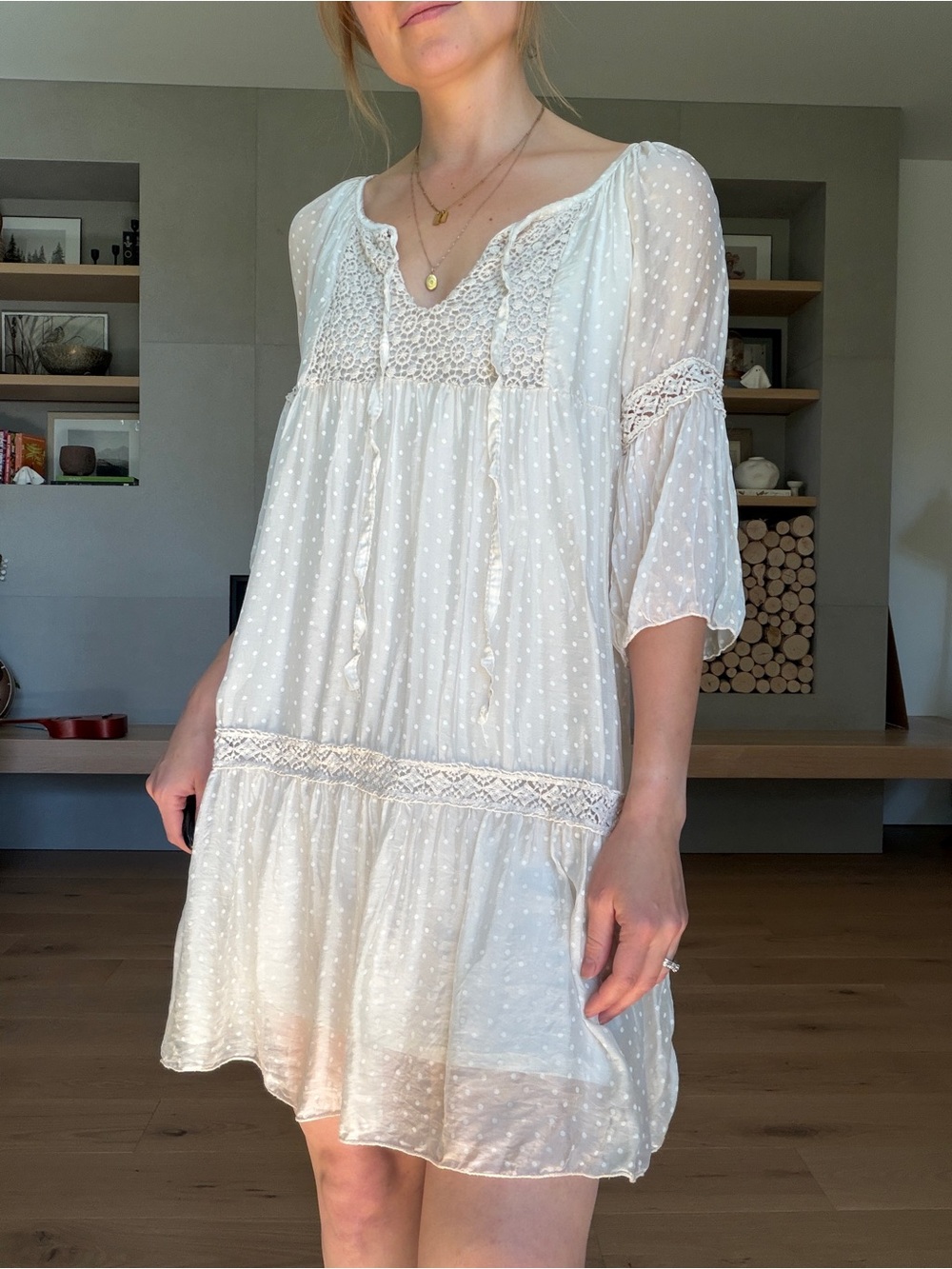 Bellambra silk blend Ivory micro Dot boho whimsical Mini Dress